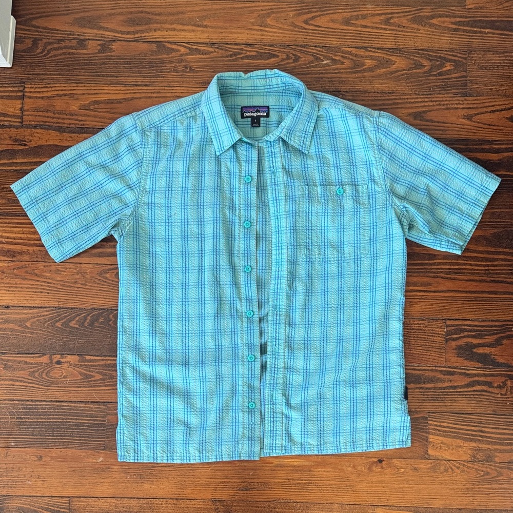 Patagonia Short-Sleeve Plaid Button-Down Shirt in Aqua Blue